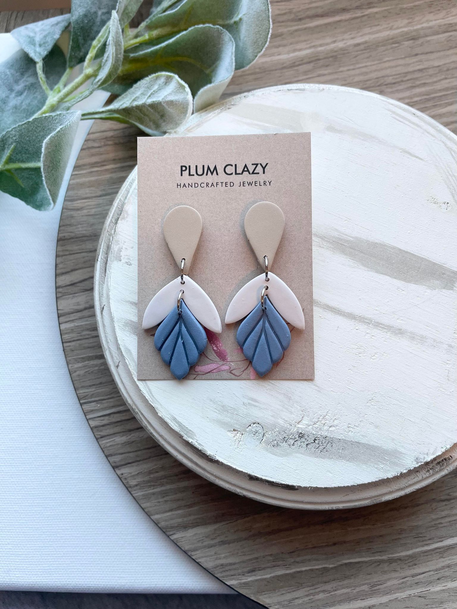 Tan and Blue Feather Dangle