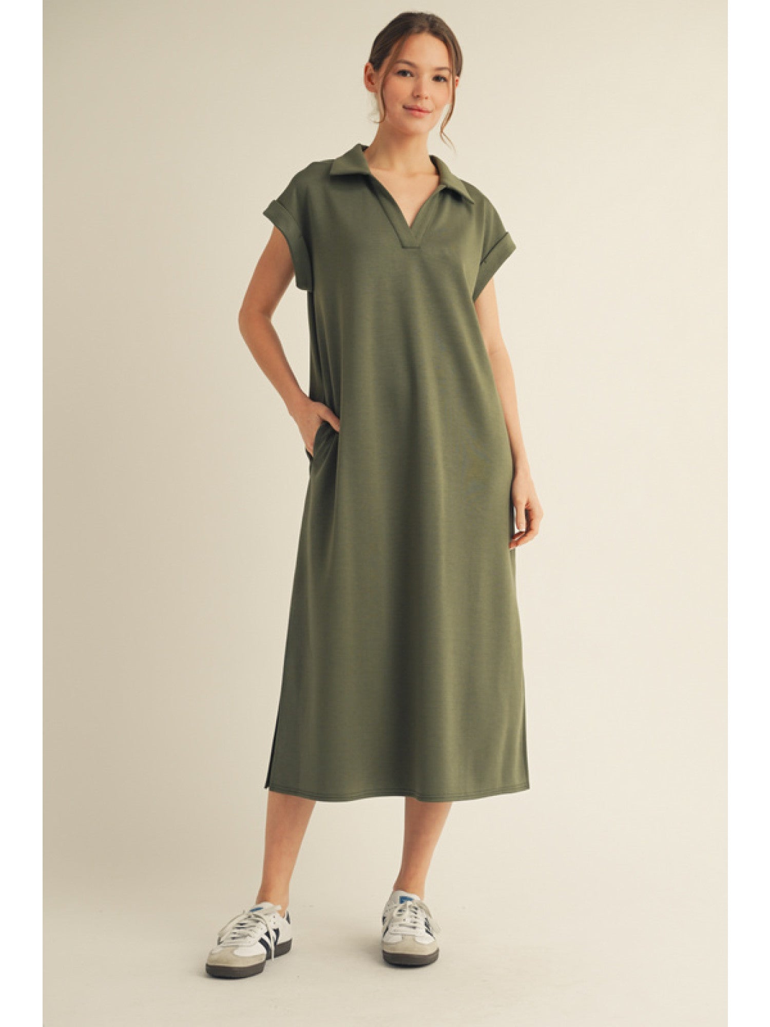 Solid Collared Midi Dress