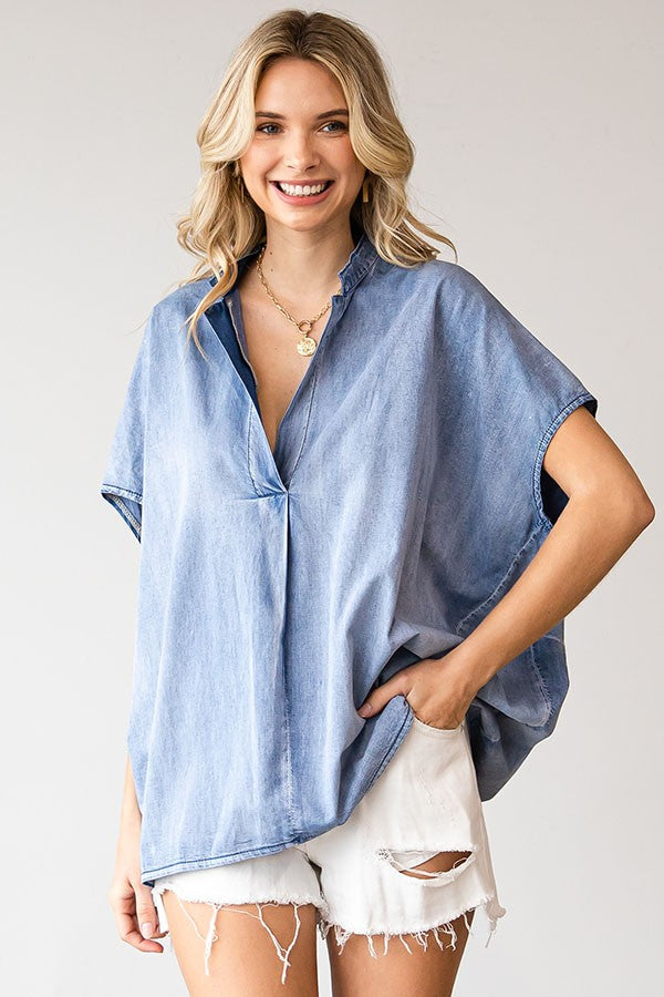 Pleated Denim Blouse