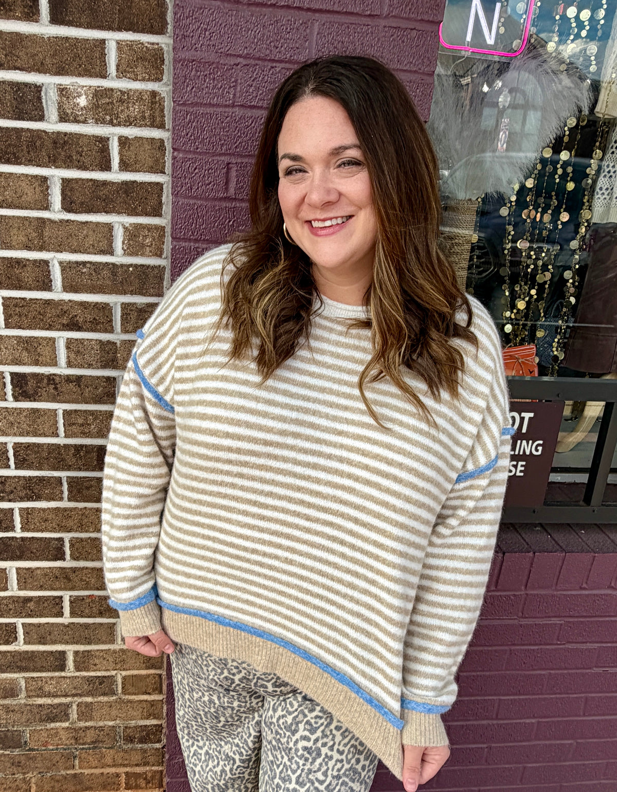 Blue Trim Striped Sweater