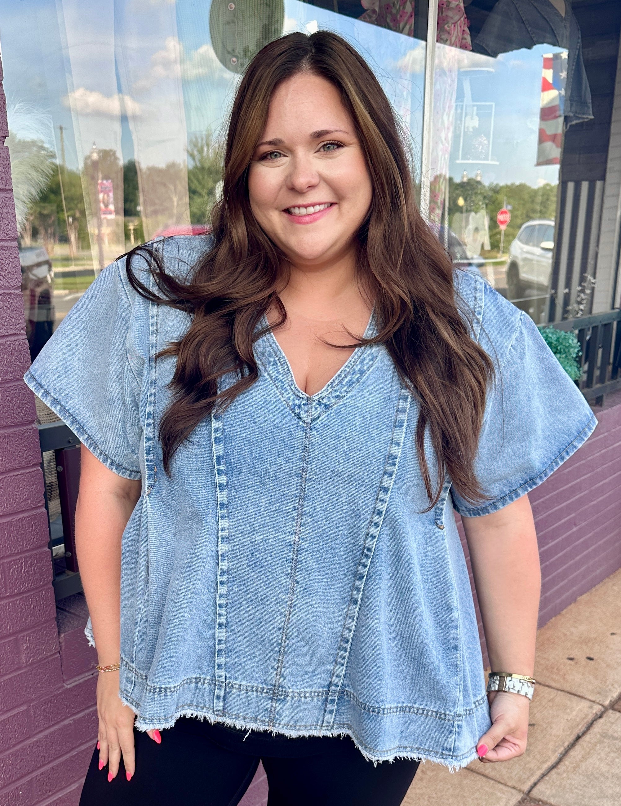 Denim V-neck Blouse