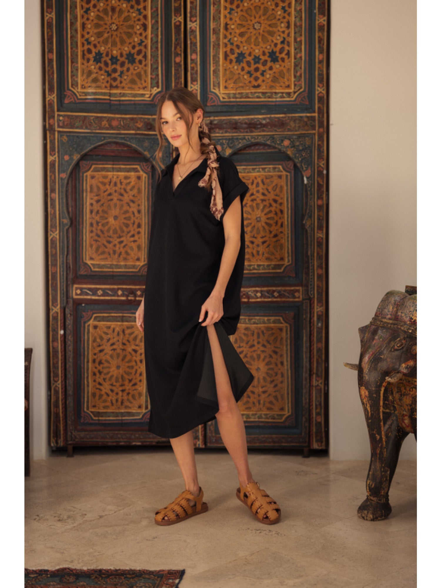 Solid Collared Midi Dress